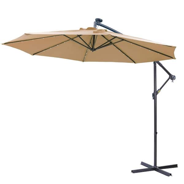 10 ft. Solar LED Outdoor Market Patio Umbrella Hanging Cantilever Umbrella with 32 LED Lights, Taupe