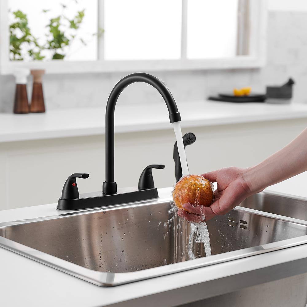 Matte Black Double Handle Bridge Kitchen Faucet with Pull-out Spray
