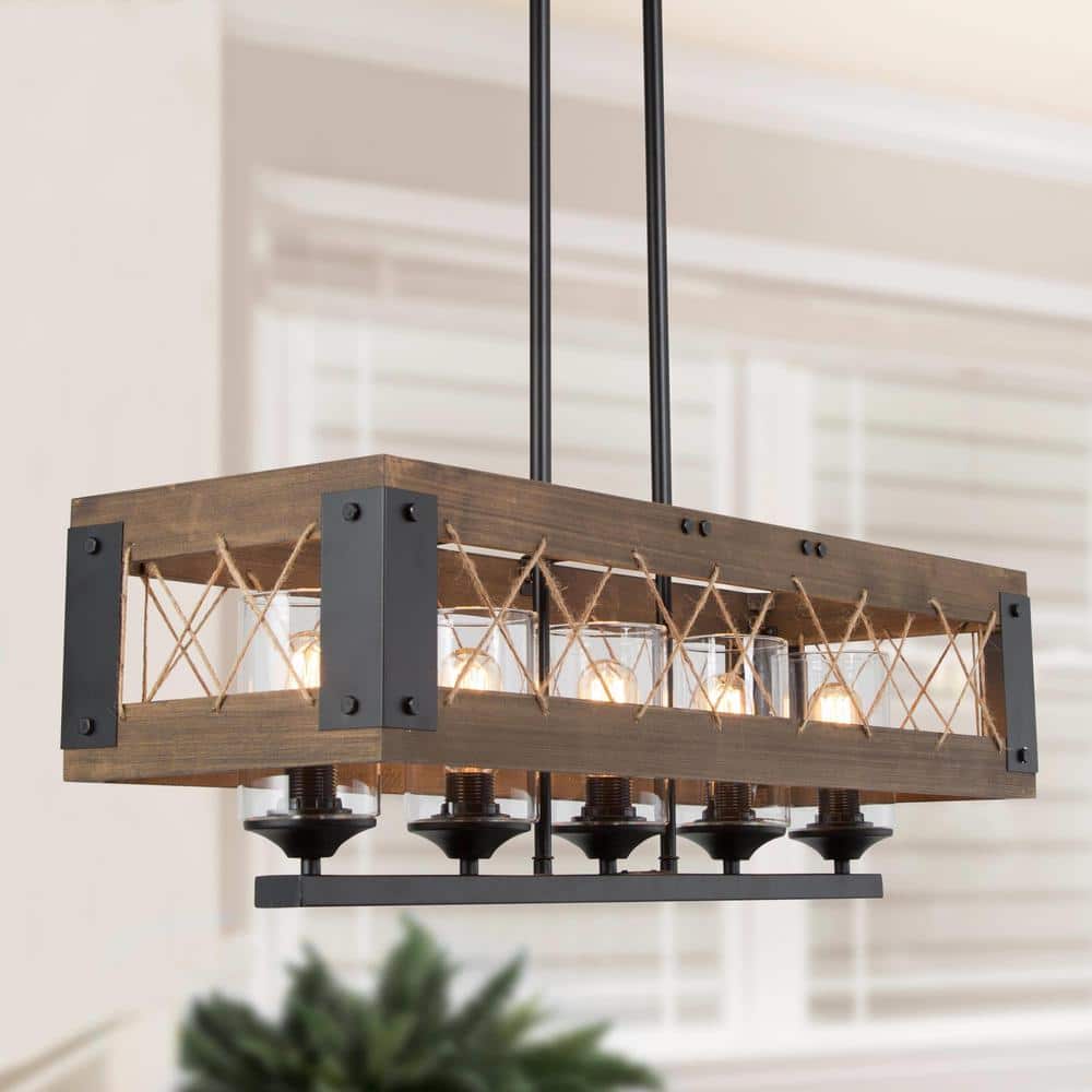 Laius 5-Light Black and Wood Farmhouse Chandelier