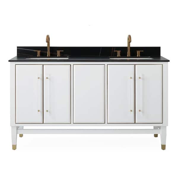 Unbranded Bertone 60 in. W x 22 in. D. x 35 in. H St Laurent Sintered Stone Vanity Top in Black with White Rectangular Double Sink