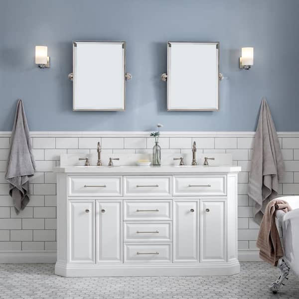 Water Creation Palace 60 in. W x 22 in. D x 34 in. H Double Sink Bath Vanity in Pure White with Carrara White Quartz Top and Faucets