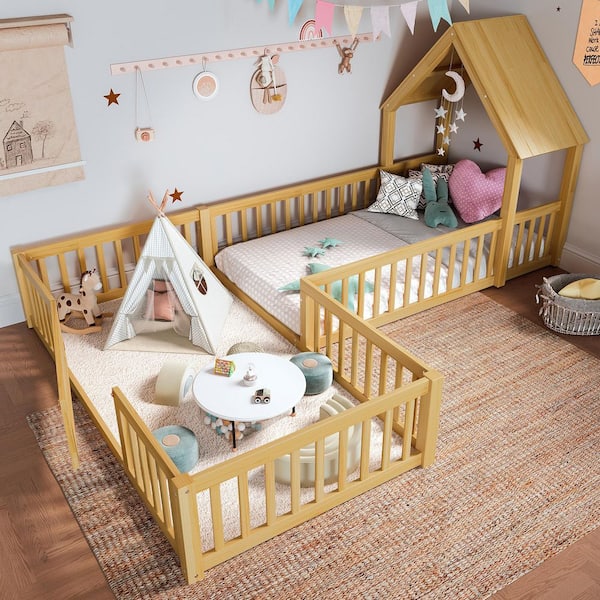Ulricon Natural Double Twin Size L-Shaped House Floor Bed with Door and Full-Length Guardrails