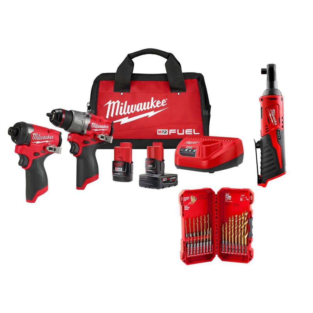 M12 FUEL 12V Cordless Hammer Drill/Impact Kit + M12 3/8 in. Ratchet + SHOCKWAVE 23-Pc Titanium Set Combo Kit price history on PriceWatchPro