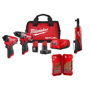 M12 FUEL 12V Cordless Hammer Drill/Impact Kit + M12 3/8 in. Ratchet + SHOCKWAVE 23-Pc Titanium Set Combo Kit