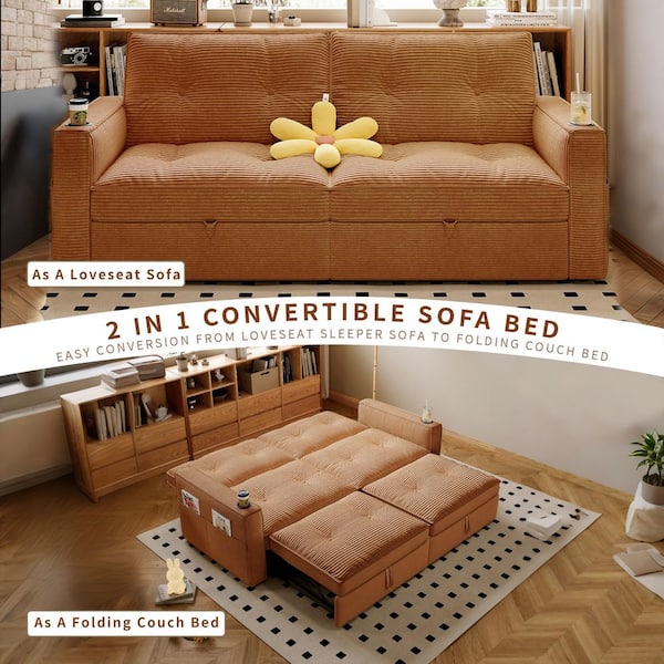 Boyel Living 73.2 in. Orange Corduroy Twin Size 2-Seat Sleeper