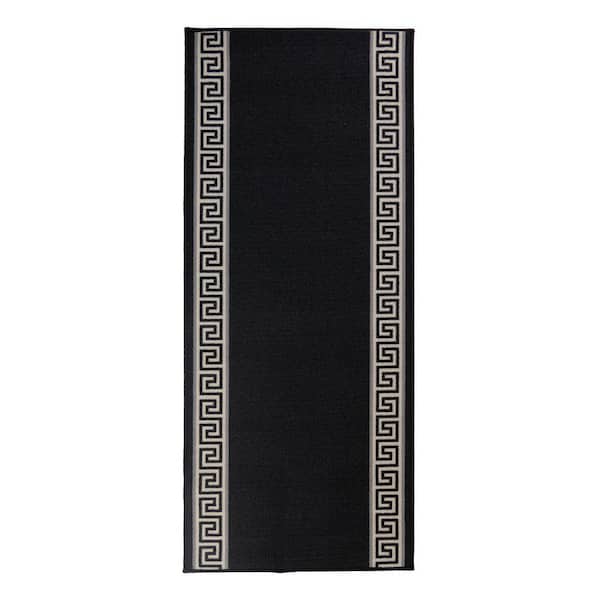 Meander Greek Key Design Cut to Size Black Color 26" Width x Your Choice Length Custom Size Slip Resistant Runner Rug