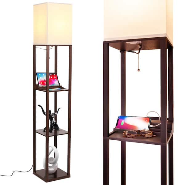 Brightech Maxwell 63 in. Brown LED Skinny Shelf Floor Lamp with USB Charging Ports and Electrical Outlet