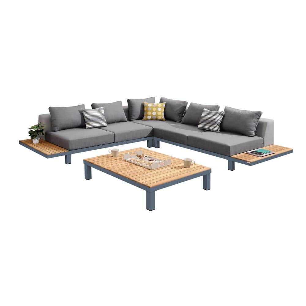 Polo 36" Gray Aluminum and Teak Wood Outdoor Coffee Table