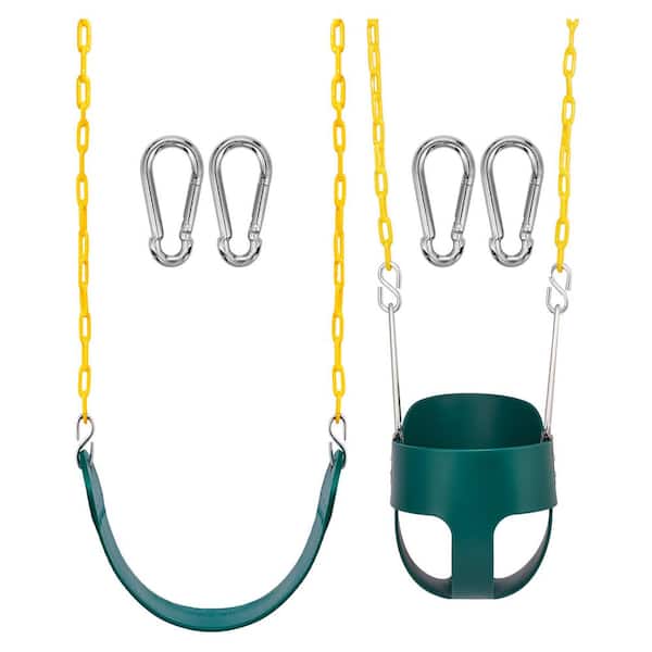 Green Belt Swing with Chain, Bucket and Belt Swing Seat, 68inch Rust-Resistant Chain, Playground Swing Set (Set of 2)