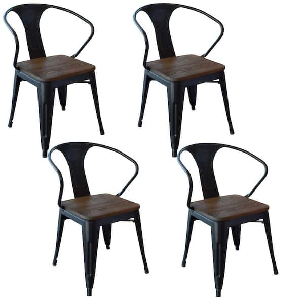 AmeriHome Metal and Wood Top, Black Metal, Dark Elm Wood Dining Chairs (Set of 4)