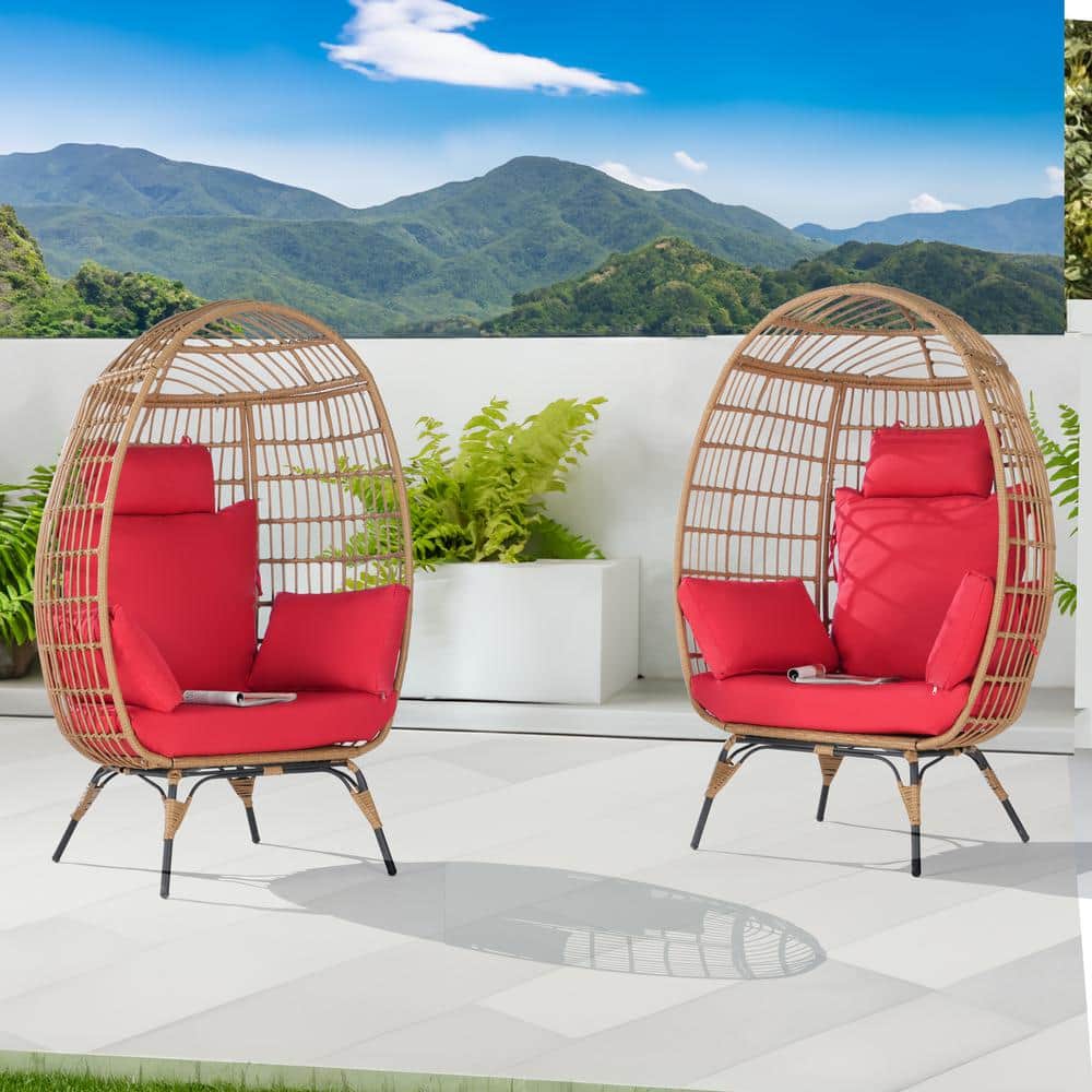 2 Pieces Oversized Outdoor Brown Rattan Egg Chair Patio Chaise Lounge Indoo