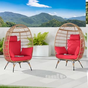 2 Pieces Oversized Outdoor Brown Rattan Egg Chair Patio Chaise Lounge Indoor Basket Chair with Red Cushion