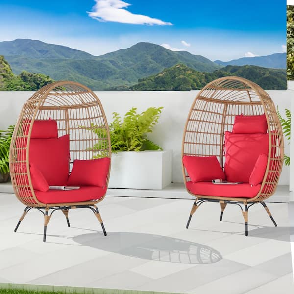 SANSTAR 2 Pieces Oversized Outdoor Brown Rattan Egg Chair Patio Chaise Lounge Indoor Basket Chair with Red Cushion
