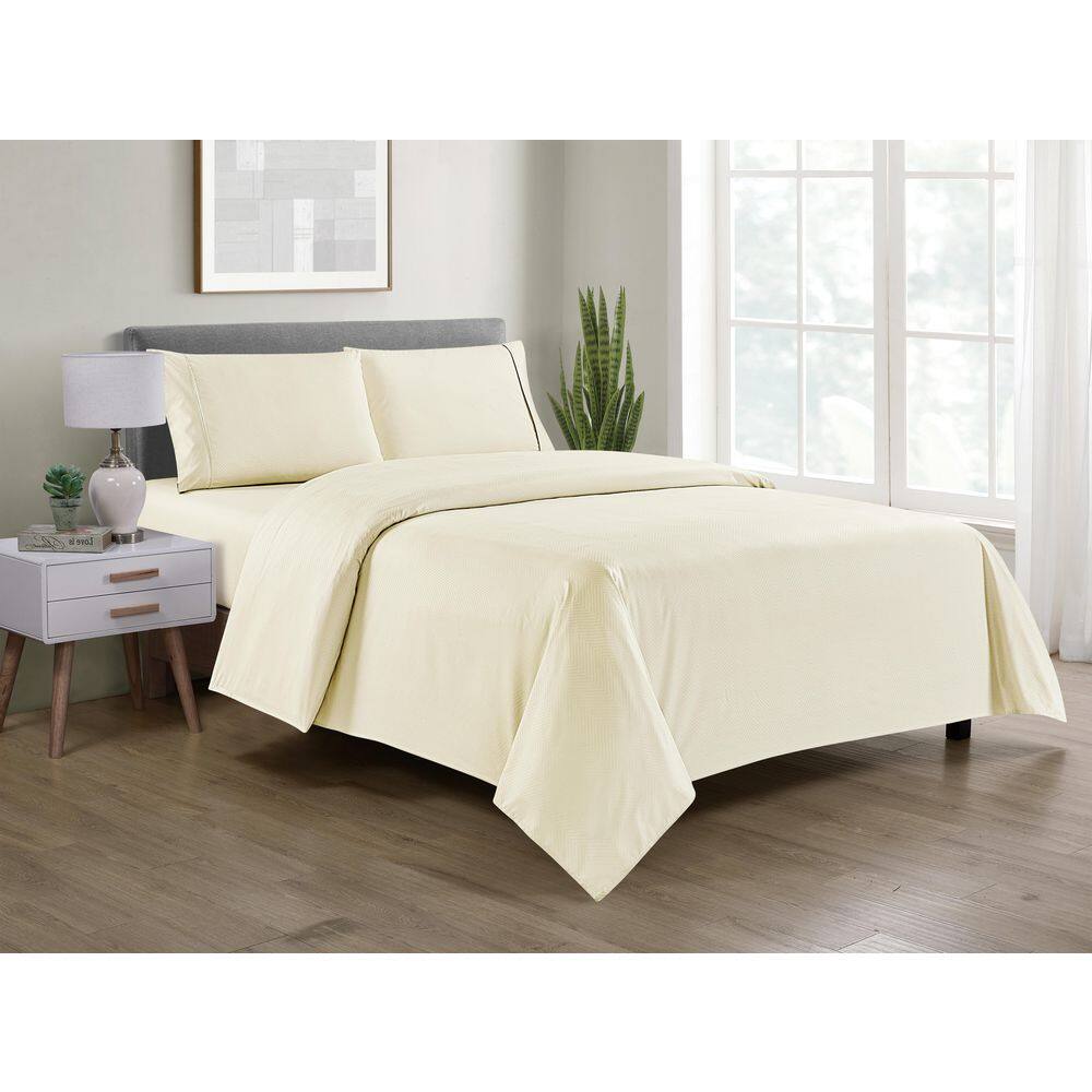 Ivory Chevron Embossed Bamboo Queen Sheet Set with Microfiber