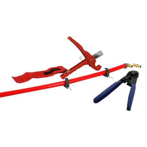 PEX Plumbing Kit - Crimper, Cutter Tool with Lock Hook, 1/2 in. Elbow Cinch and Half Clamp