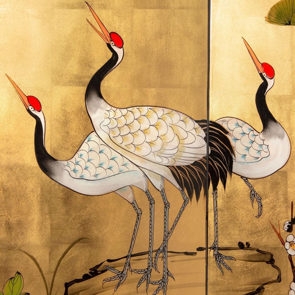 6 Ft. Tall Gold Lacquer Room Divider with Hand-Painted Cranes