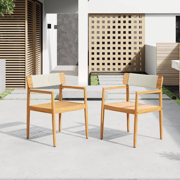 2-Piece Teak Wood White Rope Outdoor Dining Chairs with Armrests