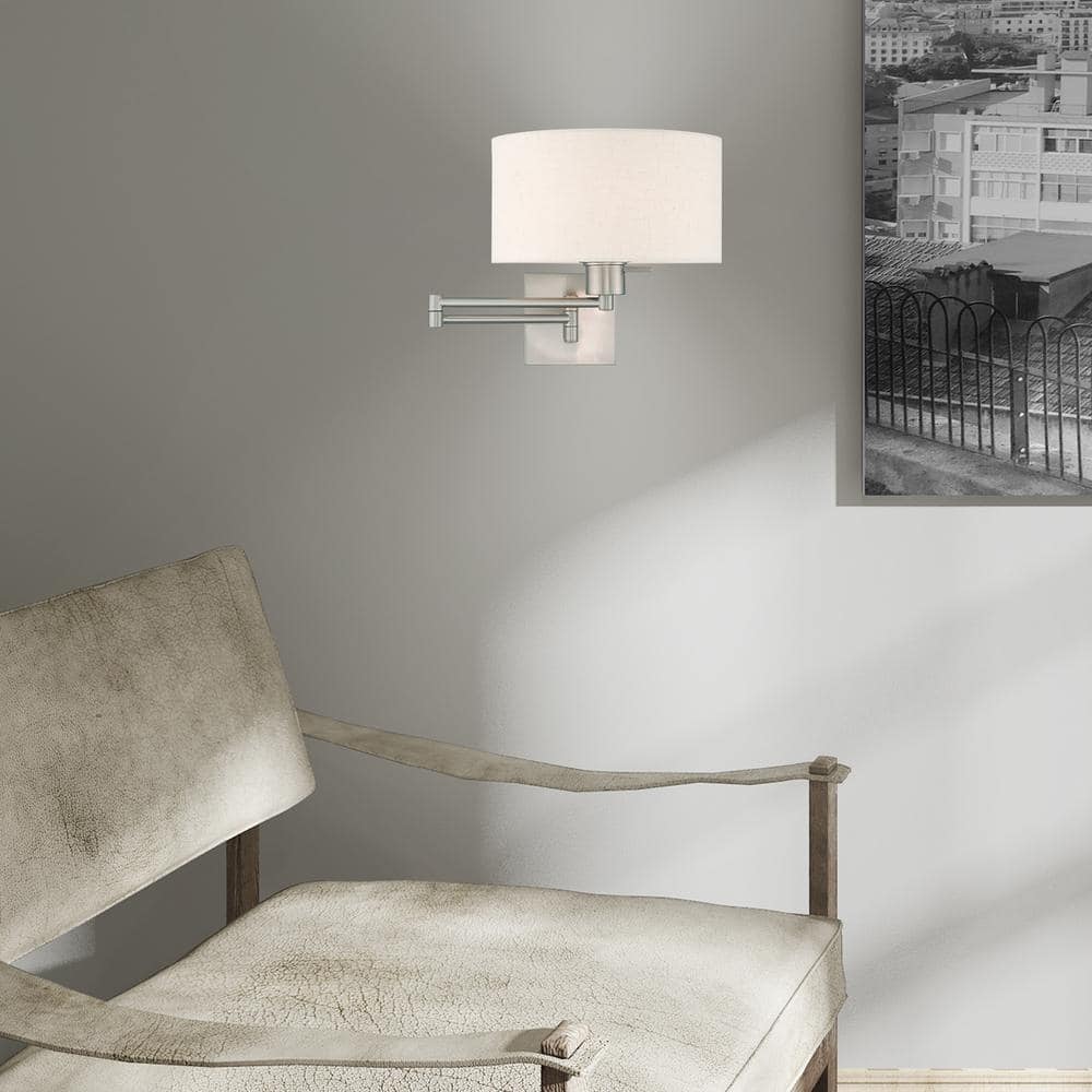 Elegant Brushed Nickel Swing Arm Wall Lamp with Oatmeal Fabric Shade