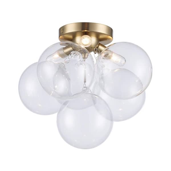 Aurora 13.3 in. 3-Light Gold Flush Mount Ceiling Light with Clear Glass Globe Shades and Halogen Light Bulbs Included
