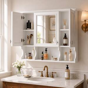 John 35 in. W x 28.7 in. H Rectangular MDF Surface Mount Framed Medicine Cabinet with Mirror in White