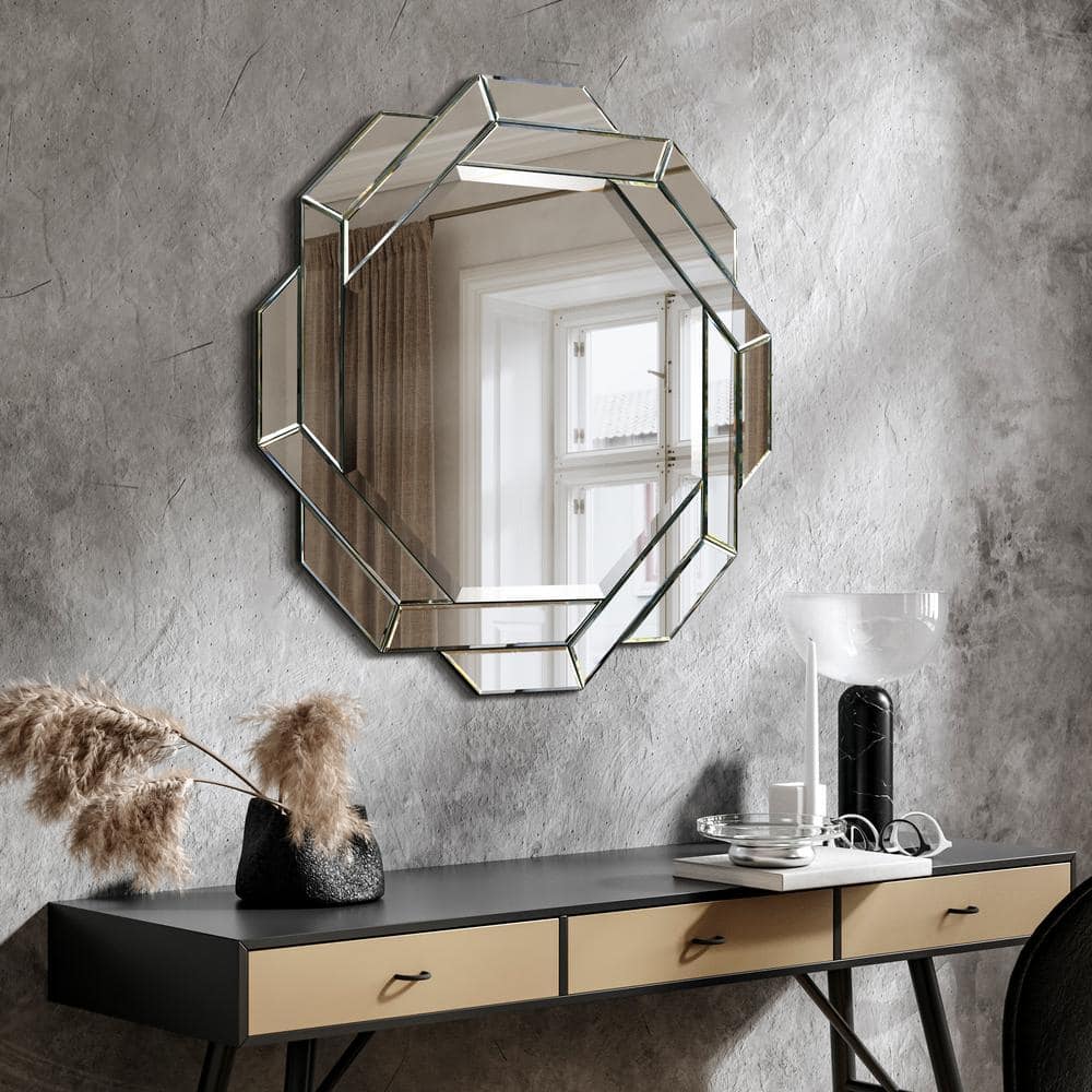 34" Round Frameless Beveled Mirror with Interlaced Design