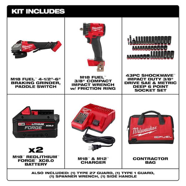 M18 FUEL 18V Cordless 4-1/2 in. /6 in. Grinder Kit w/ 3/8 in M18 FUEL Compact Impact Wrench with 3/8 in 43-Pc Socket Set