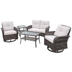5-Piece Brown Wicker Patio Sofa Set Loveseat and 2 Rocking Chairs with Beige Cushions, Side Table and Coffee Table