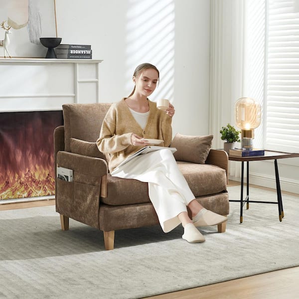 3-in-1 Light Brown Chenille Oversized Accent Arm Chair Sofa Chair Convertible Sleeper Sofa Bed with 3-Pillows