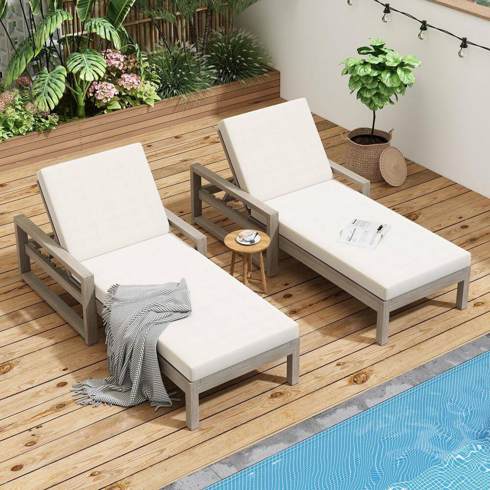 Gray Acacia Wood Outdoor Lounge Chair with Beige Cushion, Patio Chaise Loun