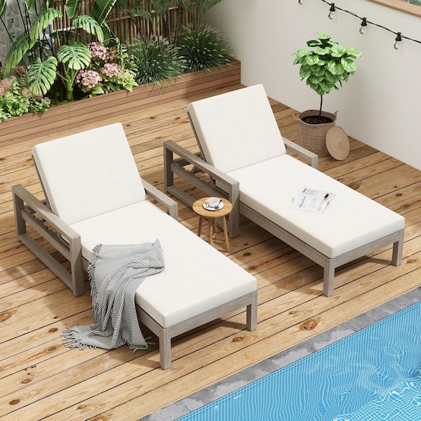 Unbranded Gray Acacia Wood Outdoor Lounge Chair with Beige Cushion, Patio Chaise Lounge with Adjustable Backrest (2-Pack)