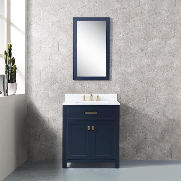 Water Creation Madison 30 in. Bath Vanity in Monarch Blue with Marble Vanity Top in Carrara White with Ceramic White Basins and Mirror