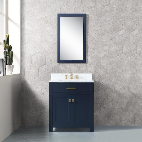 Water Creation Madison 30 in.W x 21.5 in.D x 34 in.H Single Sink Bath Vanity in Monarch Blue with Carrara White Marble Top and Mirror