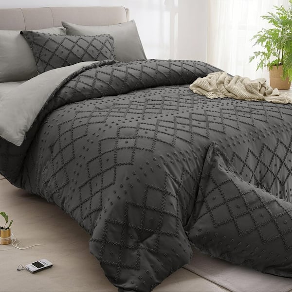 Modern Cut Floral Gray and Light gray Microfiber Queen Comforter 7-Piece Set