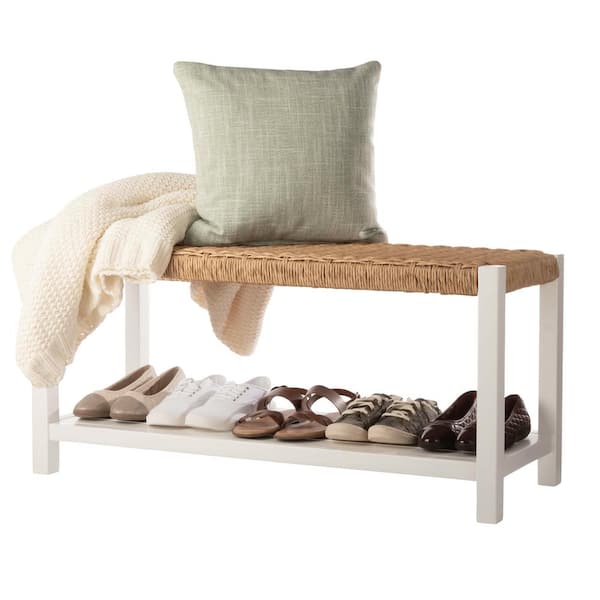 Alaterre Furniture Newport 40 in. Wood Storage Entryway or Dining Bench 14 in. with Handcrafted Woven Rope Seat, White