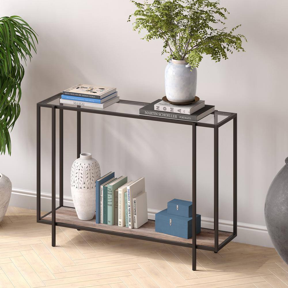 Mid-Century 42" Blackened Bronze and Gray Oak Console Table with Shelf