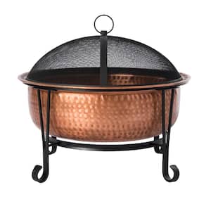 Palermo 26 in. x 21 in. Round Hammered Wood Burning Fire Pit in Copper with Fire Tool