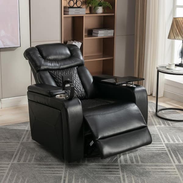 Merax Black Home Theater 270° Swivel PU Power Recliner with Tray Table, Phone Holder, Cup Holder, USB Port and Hidden Storage