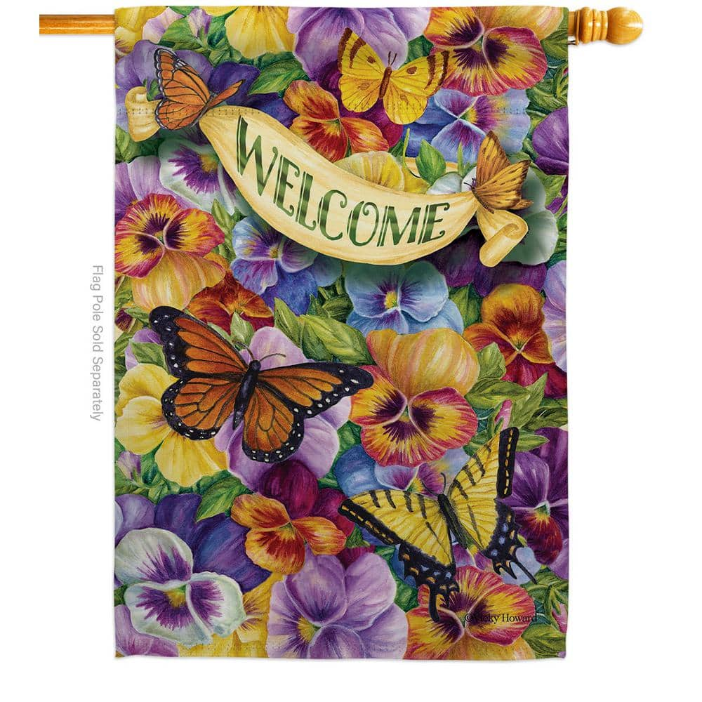 Breeze Decor 28 in. x 40 in. Pansies with Butterflies Bugs Frogs House Flag 2-Sided Garden Friends Decorative Vertical Flags