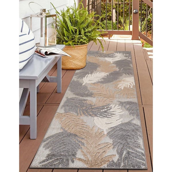 Tropical Floral Modern Indoor/Outdoor Beige 2 ft. 7 in. x 12 ft. Runner Rug
