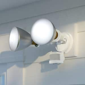 White Motion Sensor Dusk to Dawn Outdoor Security Flood Light - 2 Adjustable Light Heads - 4 Modes