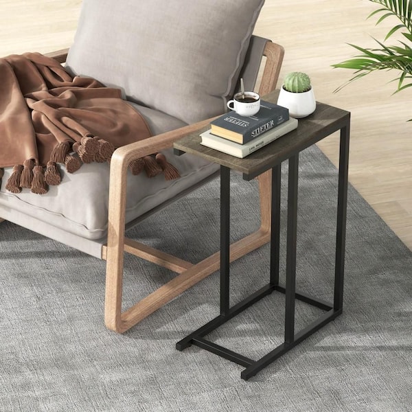18 in. Gray Wood Brown C-Shaped Rectangle Side Table Industrial Sofa Table with Heavy-Duty Metal Frame