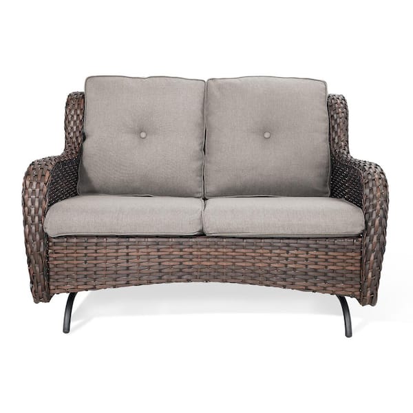 Gymojoy Carolina 2-Person Borwn Wicker Rocking Bench Outdoor Glider Patio Rattan Loveseat with Gray Cushions