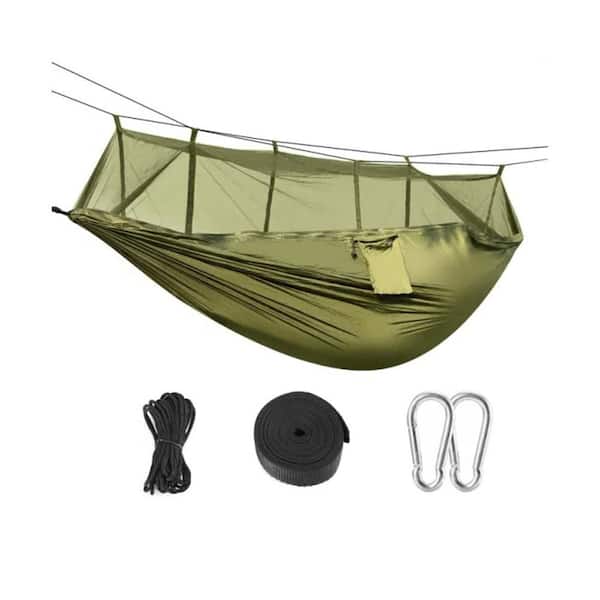 8.5 ft. Outdoor Portable Nylon Camping Hammock Bed with Mosquito Net, Ropes, Straps and Carabiners in Green