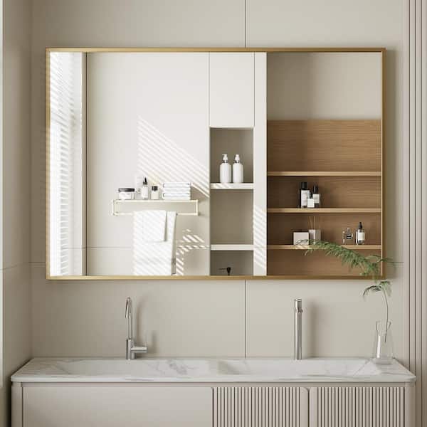 XRAMFY 24 in. W x 35.8 in. H Rectangular Modern Gold Aluminum Framed Bathroom Mirror Vanity Mirror Wall Mirror