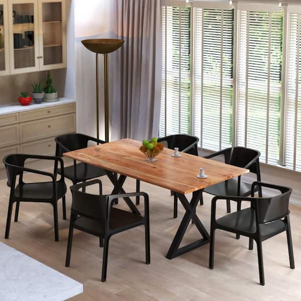 Industrial 67 in. Natural Brown and Black Acacia Wood Top Cross Legs Dining Table Seats 6