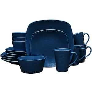 Colorscapes Navy-on-Navy Swirl 16-Piece (Blue) Porcelain Square Dinnerware Set, Service for 4