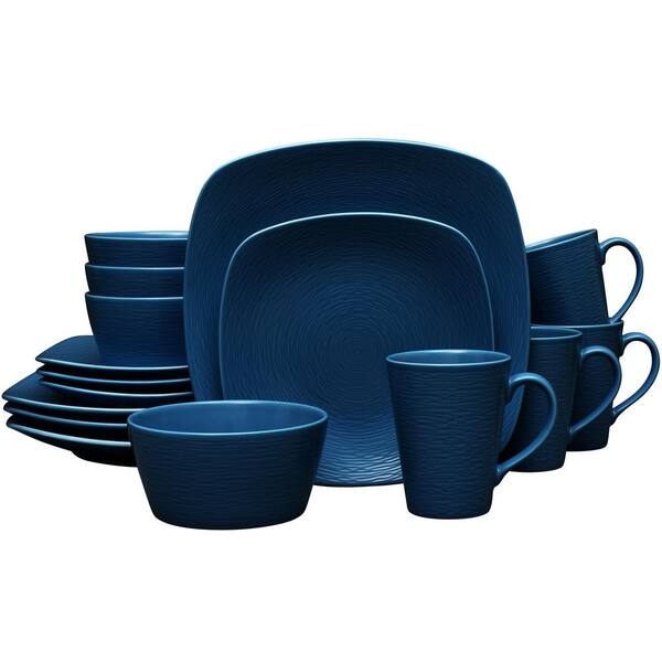 Noritake Colorscapes Navy-on-Navy Swirl 16-Piece (Blue) Porcelain Square Dinnerware Set, Service for 4