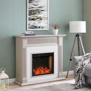 Sanderston Alexa-Enabled Penny-Tiled 48 in. Electric Smart Fireplace in Gray and White