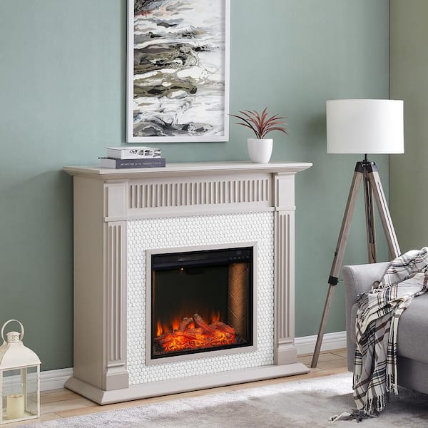Southern Enterprises Sanderston Alexa-Enabled Penny-Tiled 48 in. Electric Smart Fireplace in Gray and White