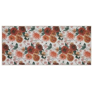 Dahlias Floral Chenille Red Ivory 2 ft. x 5 ft. Polyester Runner Rug